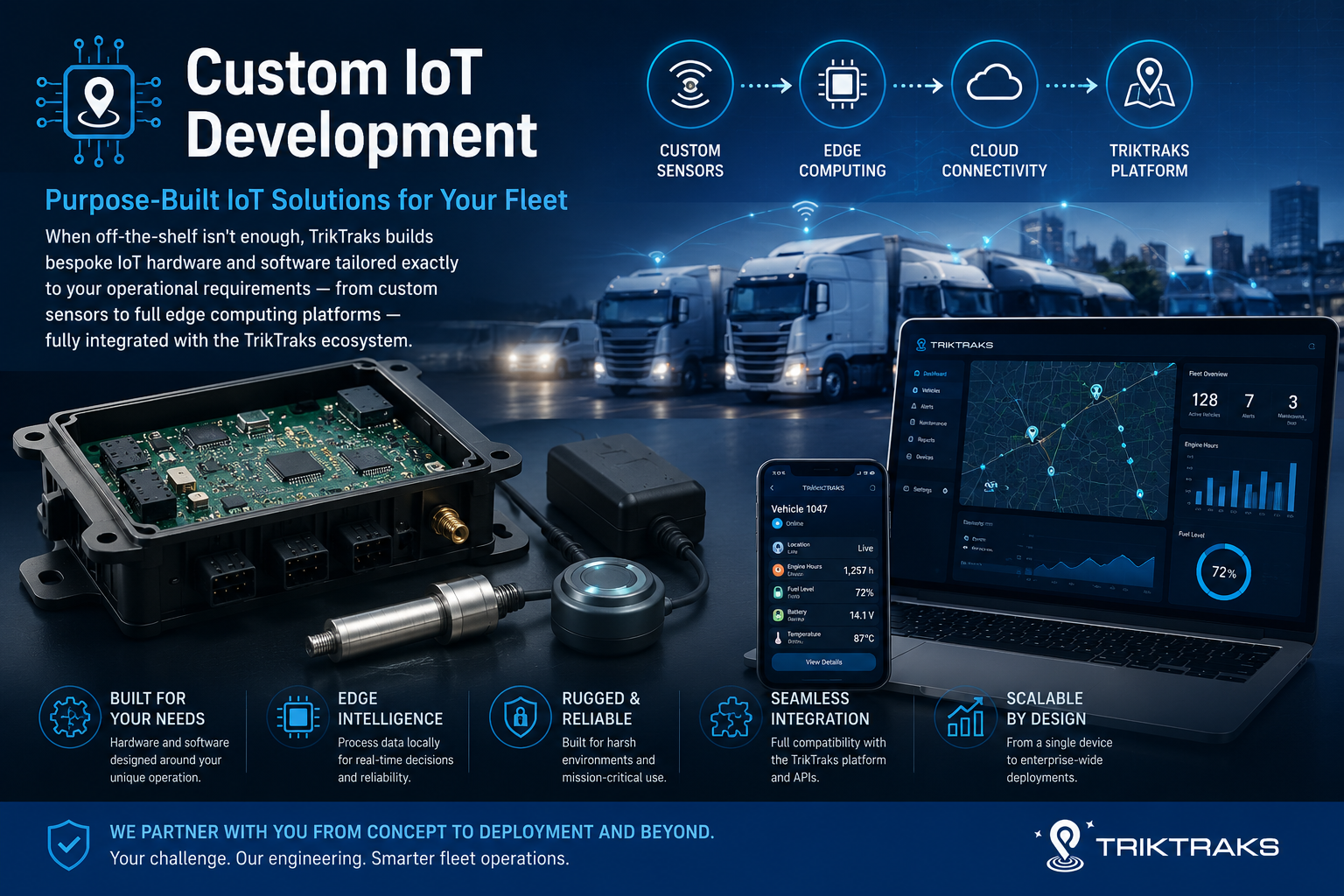 Custom IoT development overview showing custom sensors, edge computing, cloud connectivity, and the TrikTraks platform, from hardware components to the FleetMaster dashboard.