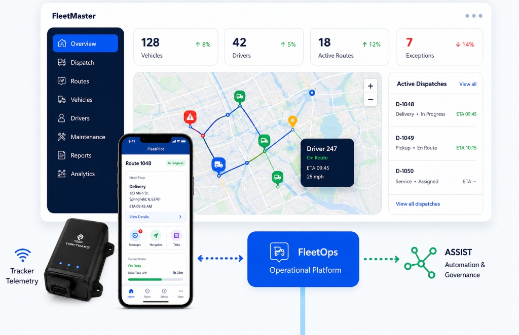 FleetOps connected operations composite stage showing FleetMaster, FleetPilot, Tracker hardware, and ASSIST automation