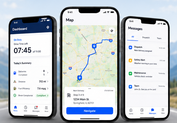 FleetPilot mobile dashboard, map and messaging screens