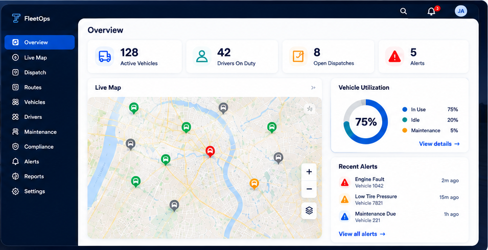 FleetOps dashboard showing fleet map, utilization, alerts, and operational metrics