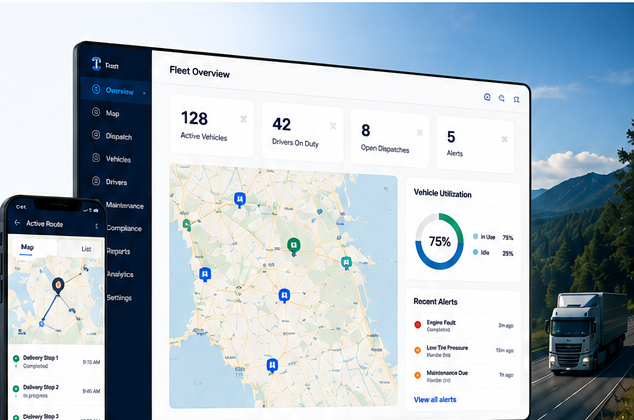 TrikTraks fleet overview dashboard on desktop and a driver's active route on mobile
