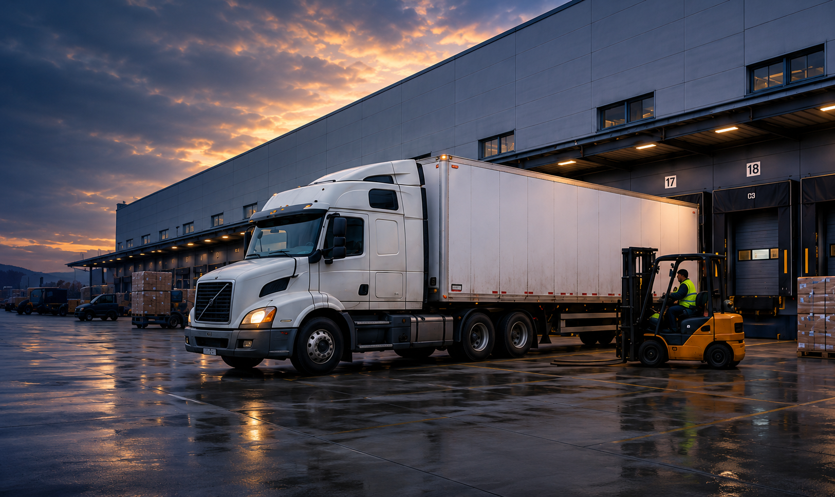 Truck and forklift working at a logistics loading dock